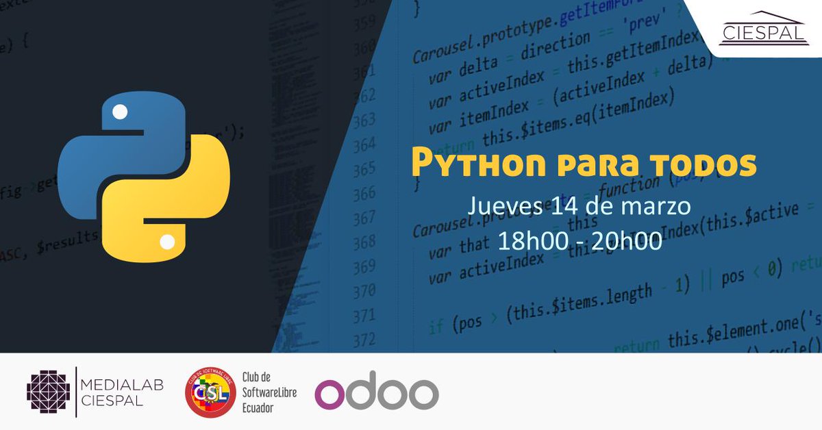 MedialabCIESPAL's tweet photo. Python para todos, es una serie de talleres introductorios preparados para quienes quieran iniciarse en el mundo python, la base para desarrollar en Odoo.
Registro en: https://t.co/F3jw0OHjrt
#ClubDelSoftwareLibreEC https://t.co/FsXuK1xpvs