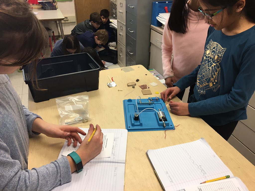 MrsChangGrove's tweet photo. Scientists make a circuit to test different materials to see if they transfer electrical current to determine if they are conductors or insulators, using wires, D-cells, & a motor or bulb for evidence. #science #investigations #HandsOnInquiry @GroveAve220 https://t.co/NdSCUaAKYc