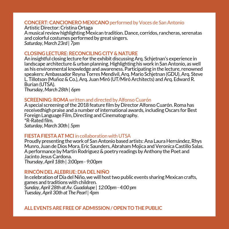 mexcultureSA's tweet photo. Attention everyone: Take out your calendars and free up your afternoons, becasue you won't want to miss out on any of our upcoming events!
#MexcultureSA #Architecture #Mexico #ROMACuarón #ThingstodoinSA https://t.co/SS3WjpwTjN
