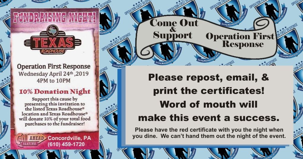 _OFR's tweet photo. Round up your crew and come out to @TexasRoadhouse to support Operation First Response. Please spread the word to help us raise more money for our wounded veterans. #CharityTuesday #TastyTuesday #TuesdayTreat #OperationFirstResponse #ServingWoundedHeroes https://t.co/RjE84pRP8P