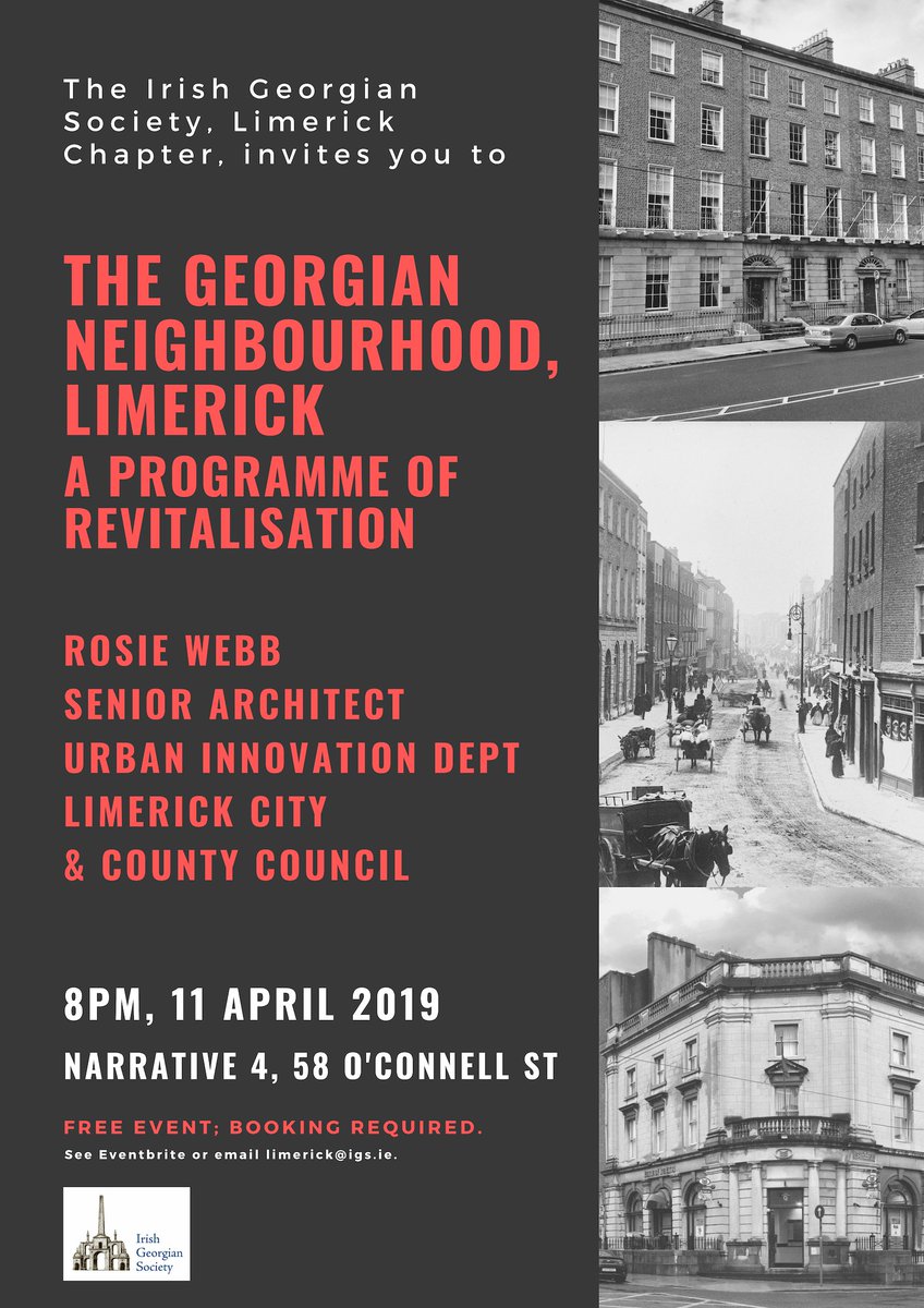 Two great talks coming up for April and May. 

April 11th Rosie Webb, Senior Architect <a href="/LimerickCouncil/">Limerick Council - Comhairle Luimnigh</a>  discusses plans for the revitalisation Georgian Limerick

8th May Triona Waters <a href="/MICLimerick/">Mary Immaculate College (MIC)</a> <a href="/TrionaWaters/">Dr Tríona Waters</a> takes us back to 18th Century #Limerick Architecture of Maddness.