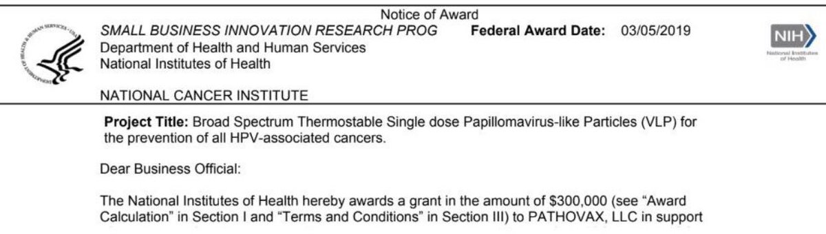 PathoVax's tweet photo. PathoVax secures another SBIR Ph1 worth $300K from the NCI to imbue thermostable and single-dose properties into our HPV vaccine-RGVax. This new formulation will potentiate the world’s 1st single- immunization, thermostable, broad-spectrum Human Papillomavirus (HPV) Vaccine!! https://t.co/h6BxofBPFO