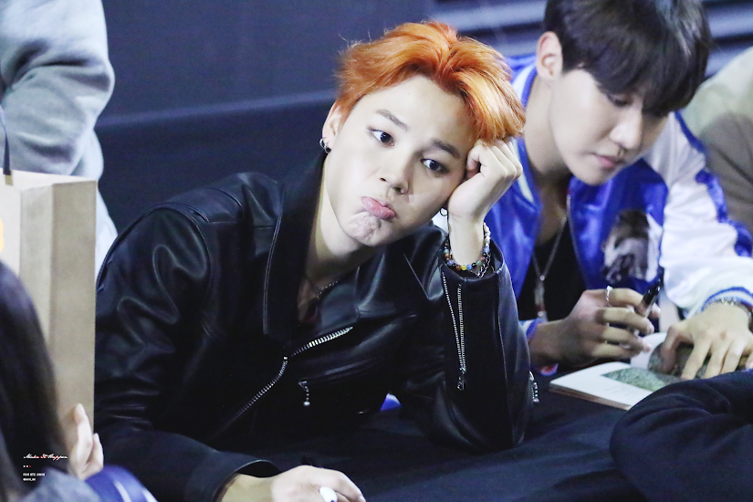 his pout how does he look so soft in a leather jacket with his forehead exposed like that  #JIMIN  