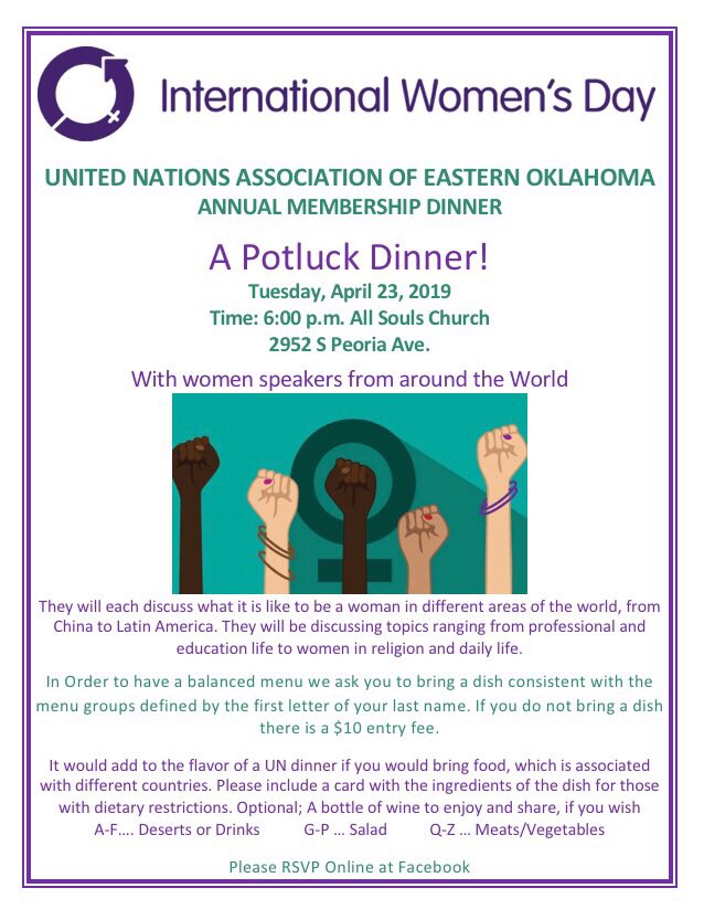 UNAofEO's tweet photo. Please join the United Nations of Eastern Oklahoma on 23 April 2019 at 6 pm for a potluck dinner we hear from women speakers from around the World. https://t.co/JYIM8a4McG