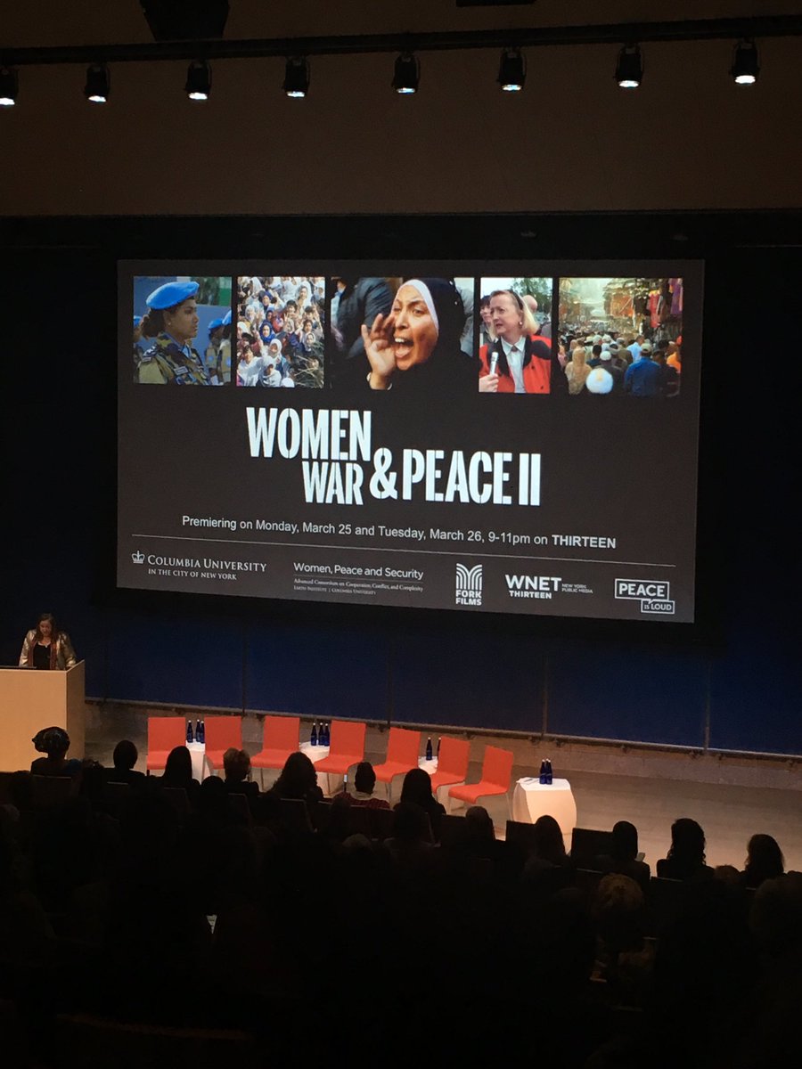 DeanMcGee's tweet photo. Women, War &amp; Peace II launches at The Forum. Powerful stories of women leading peace efforts captured by amazing women film makers. #wnetThirteen #EarthInstitute #WomenPeace&amp;Security #TheForum ⁦@Columbia⁩ https://t.co/h5VWDZHRDn