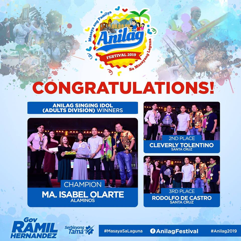 Congratulations to all the winners of Anilag Singing Idol (Adult Division).
#AnilagSingingIdol
#Anilag2019
#MasayaSaLaguna