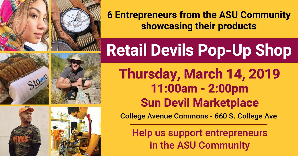 ASUMarketplace's tweet photo. Through a partnership with @EntrepreneurASU we opened up our store to allow these @asu entrepreneurs to sell their merchandise here and they need your support. RT to show your support. https://t.co/uEE2d9TjNC