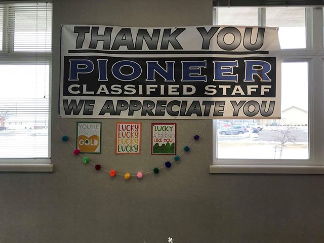 PSEClassified's tweet photo. It's day two of celebrating YOU!
Shout out to Pioneer Elementary School in Sunnyside for making their Education Support Professionals feel celebrated and appreciated this morning with creative decorations, cards, breakfast, and even a cake!
How're you celebrating?😁 
#ESPWeek2019 https://t.co/m7p6NZelZ2