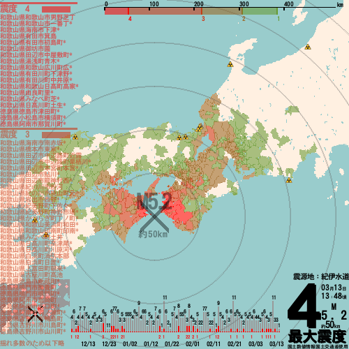 【地震情報】13日13時48分、紀伊水道でM5.2の地震発生、最大震度4。震源は地下約50km。この地震による津波の心配はありません。 #地震 #jishin #災害 #saigai