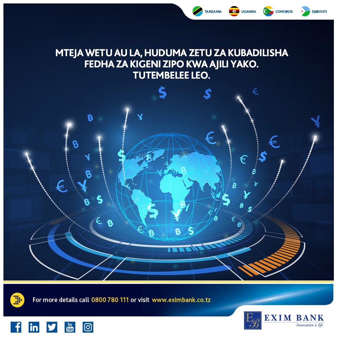 Exim_BankTZ's tweet photo. Hauhitaji kuwa mteja wetu kufurahia huduma zetu za kubadilisha fedha za kigeni. Tutembelee tawi letu lolote karibu yako leo kwa viwango vya ushindani kabisa. Kwa maelezo zaidi, wasiliana nasi 022 2293014/3412
#EximAtWorkTodayForTomorrow #TomorrowBeginsToday https://t.co/f6DnzEoXlQ