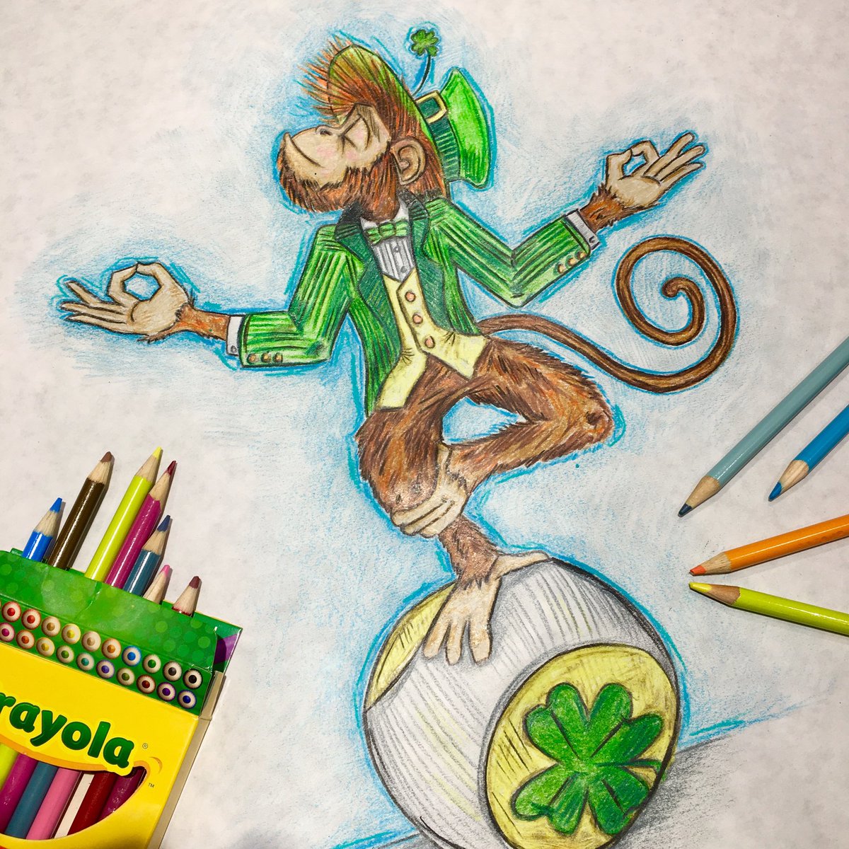 TimothySchommer's tweet photo. “Ummm...Dad, you should draw a monkey... dressed as a leprechaun... balancing on a ball.” @Crayola #totalzen #treepose #illustration #coloredpencil #kidsillustration #drawing #StPatricksDay https://t.co/Zi6KP7bDbq