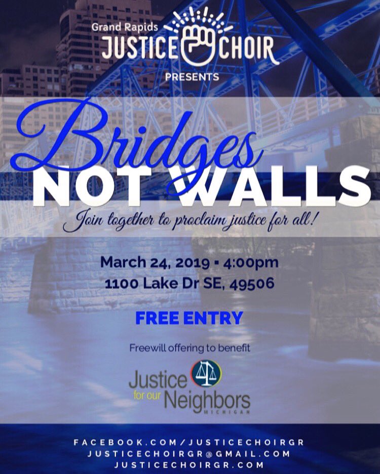 Join us on March 24 for “Bridges, Not Walls,” a Justice Choir GR concert in collaboration with Justice For Our Neighbors and featuring a set from GR’s own Cabildo! #grmi More info &amp; RSVP: eventbrite.com/e/bridges-not-…