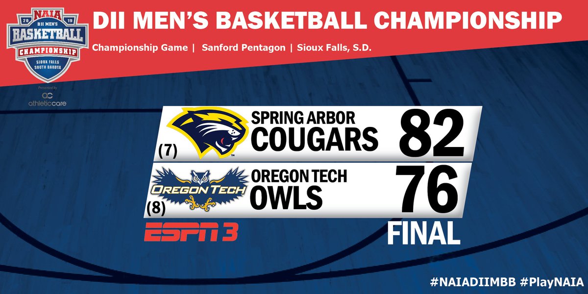 NAIA's tweet photo. 🏀That's a wrap for the #NAIADIIMBB National Tournament.  @SAUCougars claimed its first ever title with an 82-76 victory over @OregonTechOwls in tonight's title game at @SanfordPentagon in Sioux Falls, S.D. https://t.co/FFduHpH31n