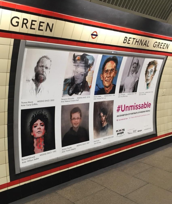 andrew_gosden's tweet photo. Thanks to @bek_stratfield for this photo of London Underground poster in respect of the @missingpeople #Unmissable exhibition in #London March 14 - 17, 2019. More details/tickets via here >>> https://t.co/UfQ0zoCyuF https://t.co/ccjwKrSTQT