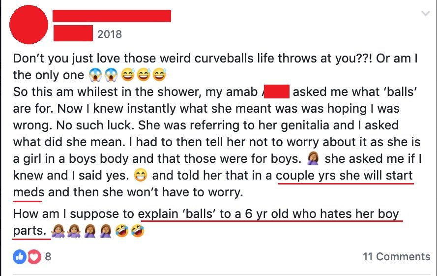 8. Six-year-old asks what balls are, mom reassures that child is a "girl in a boy's body" and in a couple years there will be meds to take care of that.