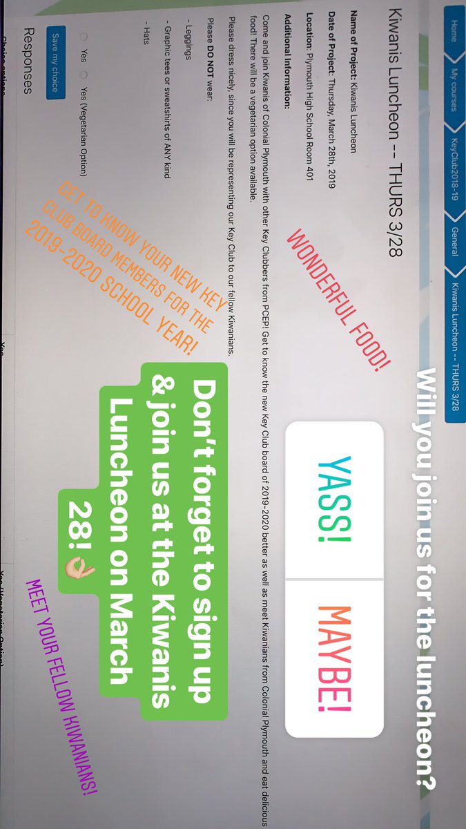 PCEPKeyClub's tweet image. Ready to eat a great lunch, meet fellow Kiwanians, &amp;amp; get to know your new board officers for the 2019-2020 school year? Sign up on MyClasses to let us know that you are coming! 💁‍♀️🍽👥