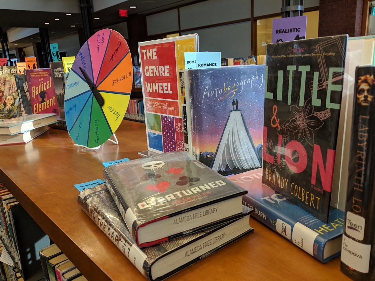 Dear #LibrarianTwitter, let it be known that today <a href="/bookloaner/">Hallie</a> &amp; I achieved peak #TeenLibrarian status by making our own genre wheel that teens can spin to help them decide what to read next, with bookmarks color-coded to match. 👌📚