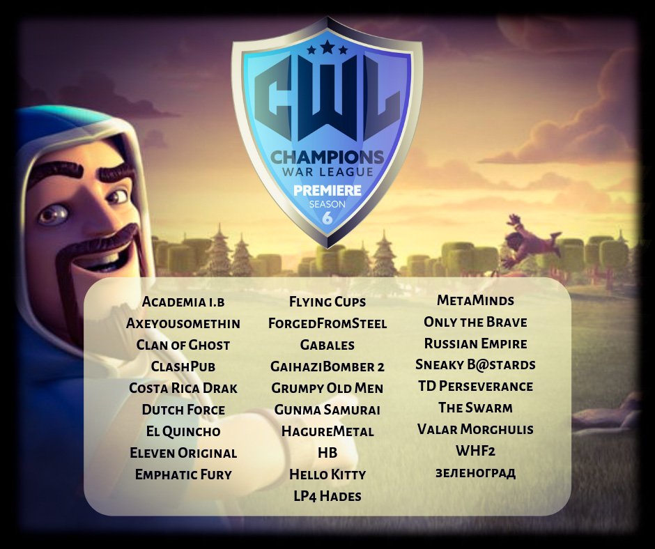 Feeling excited for cwl season 6.
This time we competing in premier division .
<a href="/champwarleague/">Champions War League</a> best of luck to all those clan who made it this season.
<a href="/GOODFEL58189736/">öM</a> <a href="/We3_CoC/">We3_CoC</a>  congrats for getting in the cwl.
<a href="/BWA_FPC/">Bangladesh War Alliance</a> @clashtoday_com