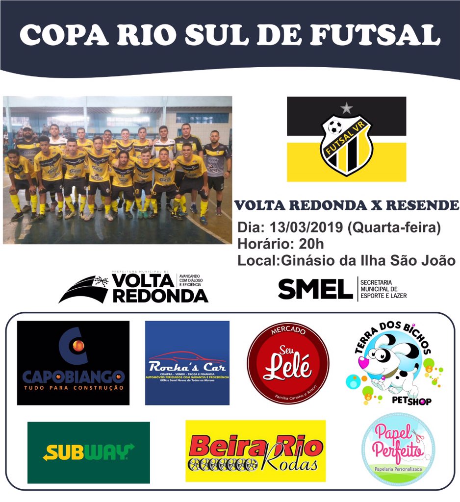 VrFutsal's tweet photo. HOJE É DIA DE COPA RIO SUL 
HOJE É DIA DE VOLTA REDONDA
HOJE É DIA DE GUERRA 
VENHA TORCER PELA SUA CIDADE 💛🖤💛🖤
#FAMILIAFUTSALVR #PMVR #SMELVR2019 #CAPOBIANGO #ROCHA’sCAR #MERCADOSEULELÉ #TERADOSBICHOSPETSHOP #SUBWAY #BEIRARIORODAS #PAPELPERFEITO https://t.co/IqHj1ffBuZ