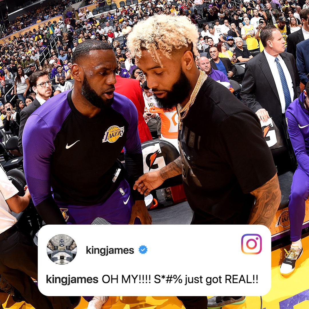 espn's tweet photo. LeBron reacting to OBJ to the Browns after the Lakers game ended… ‼️ https://t.co/waR2NedumD