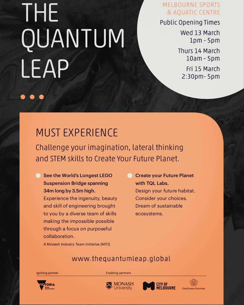 thequantumleap_'s tweet photo. Please join us to see the World’s Longest #LEGO Suspension #Bridge and create your #Future #Planet with TQL Lab at Melbourne Sports &amp; Aquatic Centre. #buildingbridges #thefutureofengineering #createfutureplanet #transformfuture #TQLlab #MITILEGObridge #reinventfuture #STEM https://t.co/QIipEjKVIF