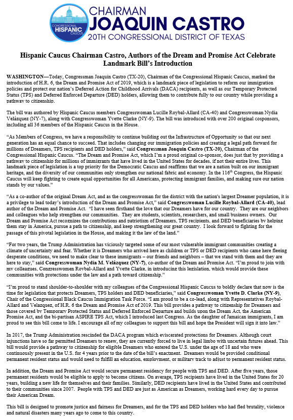 Today, we took the first step to #ProtectTheDream. Read statements from <a href="/HispanicCaucus/">Congressional Hispanic Caucus</a> chair <a href="/JoaquinCastroTX/">Joaquin Castro</a> &amp; the Dream &amp; Promise Act co-authors <a href="/RepRoybalAllard/">Rep. Lucille Roybal-Allard</a>, <a href="/NydiaVelazquez/">Rep. Nydia Velazquez</a>, &amp; <a href="/RepYvetteClarke/">Rep. Yvette D. Clarke</a> on #HR6 ⬇️
bit.ly/2F7IrK9