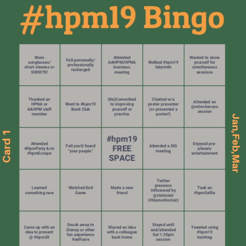 Pallimed's tweet image. 🍀 Back by popular demand! Select your card based on your birth month/qtr (eg b’day Jan-Mar pick card 1; Oct-Dec=card 4). Save/screenshot “your” card, mark it up, get engaged &amp;amp; have fun! Post your #hpm19 successes w #hpmBingo 🍀