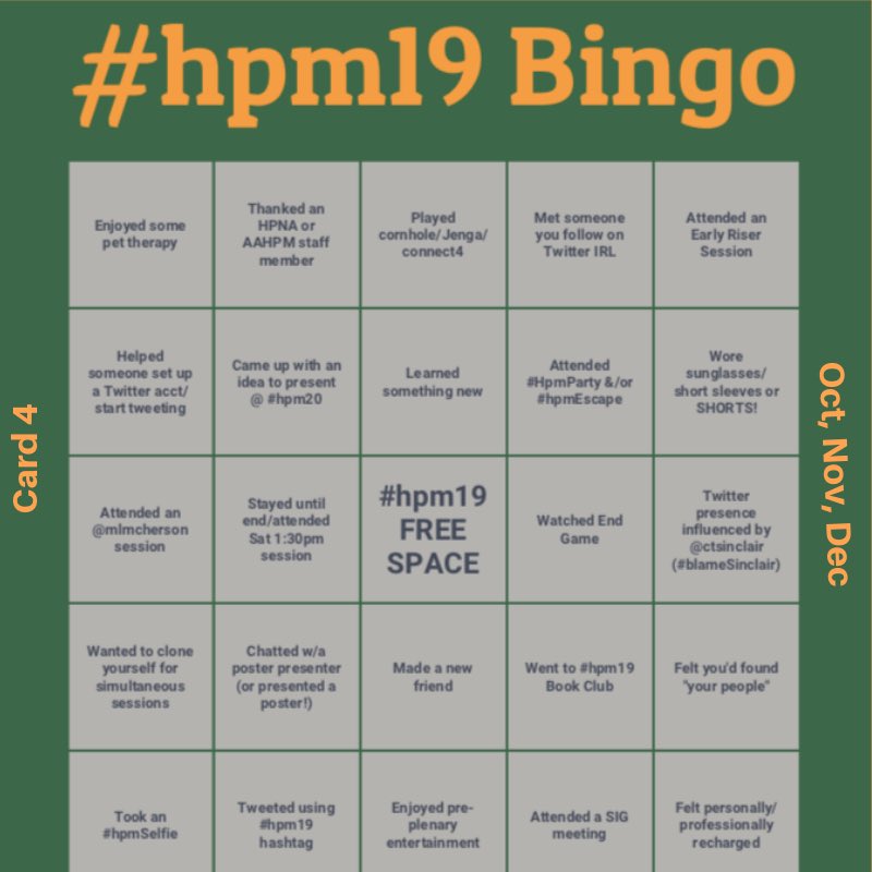 Pallimed's tweet image. 🍀 Back by popular demand! Select your card based on your birth month/qtr (eg b’day Jan-Mar pick card 1; Oct-Dec=card 4). Save/screenshot “your” card, mark it up, get engaged &amp;amp; have fun! Post your #hpm19 successes w #hpmBingo 🍀