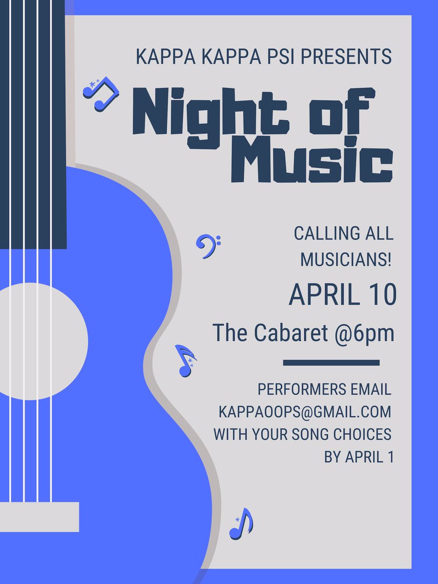 Have you been looking for an event to perform at? Have a song you’d love to play for others? Join us at our Night of Music on April 10th! Shoot us an email with what you want to perform and equipment. Nothing required! Hope to see you there!