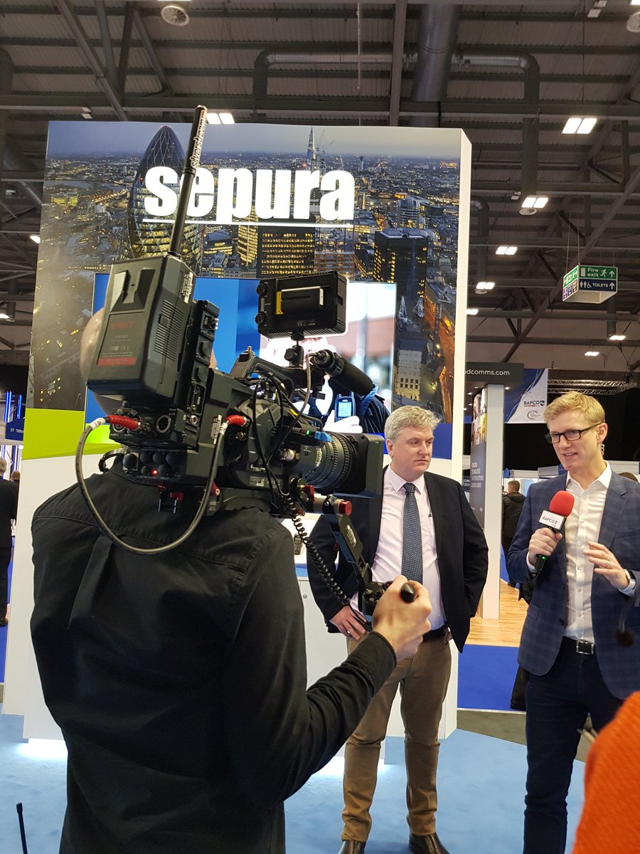 SepuraLtd's tweet photo. Sales and Marketing Director Terence talks through the Sepura stand with #BAPCOTV #BAPCO2019 @BAPCOEvent https://t.co/tHwCbOjaqO