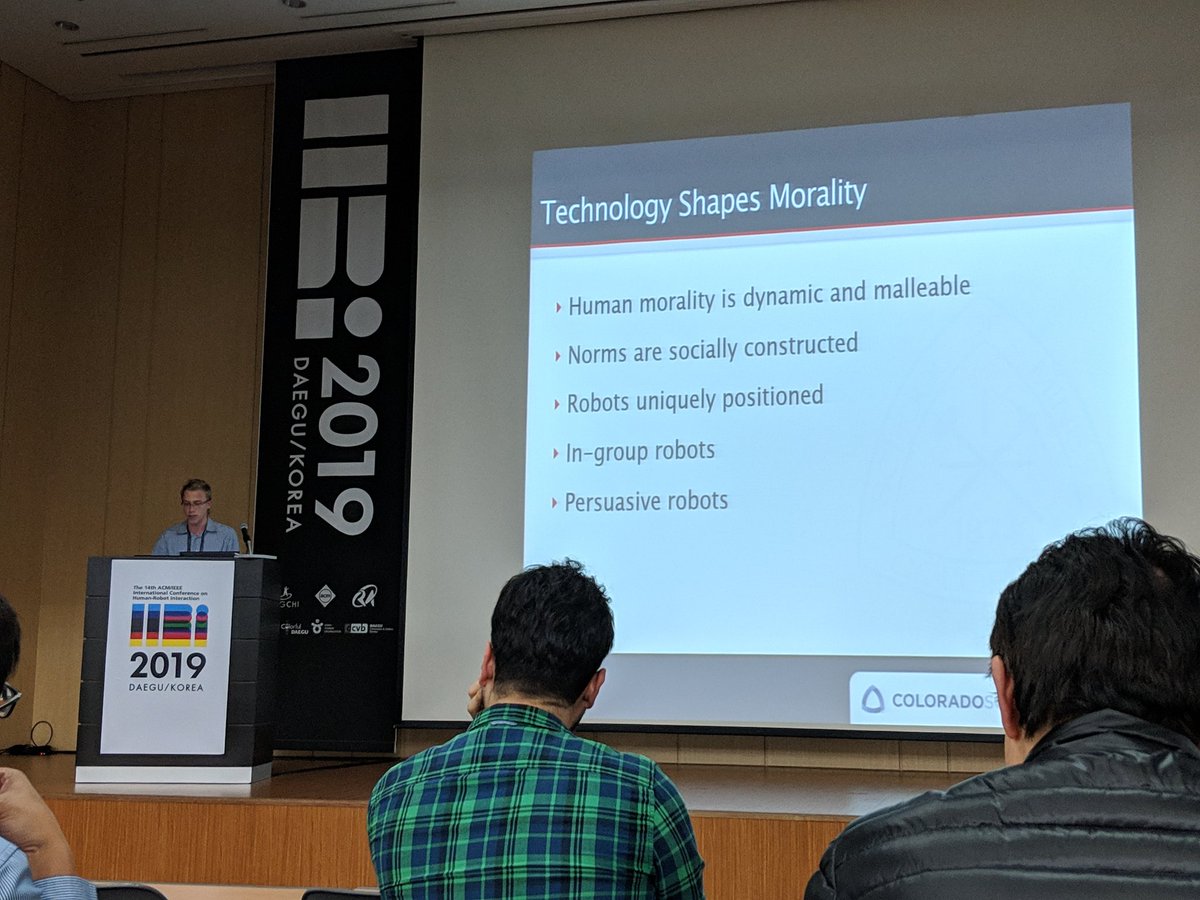 williamstome's tweet image. First #HRI talk from @MIRRORLab student Blake Jackson! Speaking to 450 people is hard work and he did great! @HRI_2019 @CSatMines #RobotEthics 🤖🤖🤖