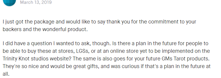 trinitykstudio's tweet photo. So thankful to the amazing bunch of people who supported us on Kickstarter last year, had a message come in from backer #287 (obviously I'm not going to name them) which made all the effort that went into the project so rewarding

#GMsTarot #StoryTellingMadeSimple #WhatsUpNext https://t.co/GnbsEAfjEV