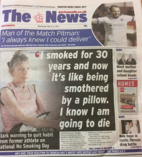 PHU_NHS's tweet photo. Thank you to @portsmouthnews for covering QA
patient Denise Shambrook’s story about her experience of COPD (Chronic
Obstructive Pulmonary Disease). #NoSmokingDay #SmokeFreePHT https://t.co/nHZbLWD2w1