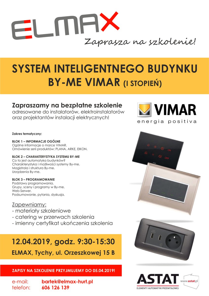 ELMAX_Tychy's tweet photo. Zapraszamy na szkolenie #Vimar oragnizowane przez #ELMAX wspólnie z #ASTAT! https://t.co/SCEdknU9Dw