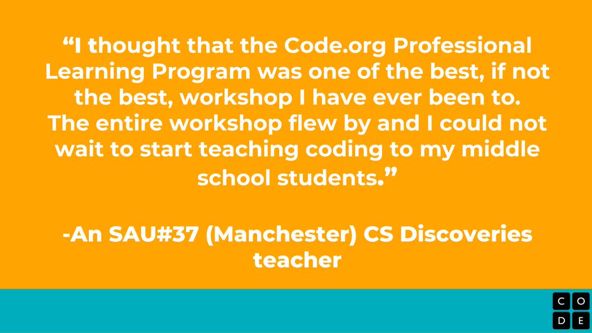 Want to see what the hype is all about? We have many scholarships left for NH grades 6-12 teachers for the upcoming 2019-20 academic year! <a href="/TeachCode/">TeachCode</a> <a href="/UNHSTEMlab/">UNH STEM Discovery </a> #cs4nh #livefreeandcode
code.org/educate/profes…