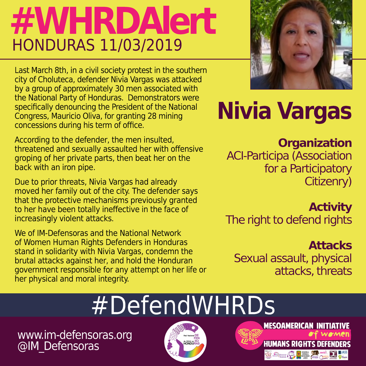 IM_Defensoras's tweet photo. ⚠️🆘#WHRDAlert HONDURAS / Sexual assault, physical attacks and threats against Nivia Vargas of @aciparticipa ▶️https://t.co/rFb9dZttyo @redefensorashn @ForstMichel @mbachelet @PauloAbrao @ONU_derechos @CIDH https://t.co/bdiR9gsMhK