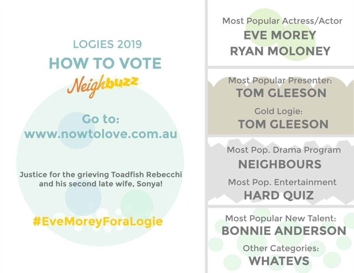 neighbuzzpod's tweet photo. Hey TG, you know how you got Denyer a Logie after he got the arse? Reckon you could give us a boost and get Toadie's wife a Logie now they've killed her off on #Neighbours? There's still room for #GleesonForGold on the ballot alongside #EveMoreyForaLogie: https://t.co/Qyac6KGgLi https://t.co/FSr08VzdYx