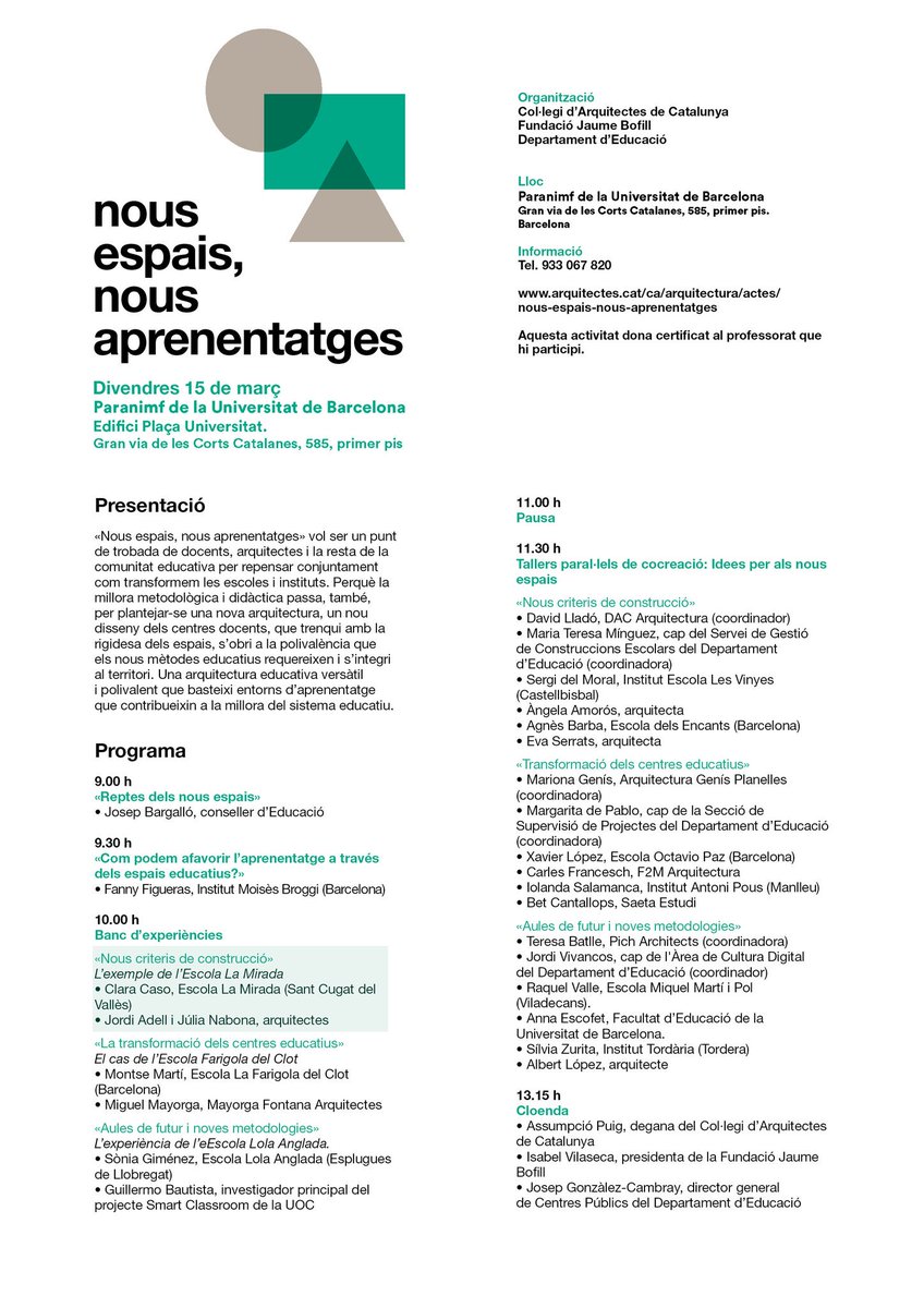 arq_anvers's tweet photo. ⚠️Arquitectes, pedagogs, docents, administracions públiques i amics:
Us animem a participar aquest divendres a la jornada 'Nous espais, nous aprenentatges'.
🔜Divendres 15 març de 9h a 14h.
🔝Paranimf de la Universitat de Barcelona
🔄Arquitectura i pedagogia unides pel canvi https://t.co/7uXyZdfy6m