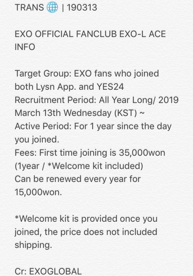 EXOGlobal's tweet photo. INFO ℹ️ | 190313 SM ARTIST OFFICIAL FANCLUB <#EXO-L> EXO-L-ACE

• Recruitment period: All year long starting March 13th
• First time: 35,000 Won
• Yearly Renewal Fee: 15,000 Won
• Comes with a 'Welcome Kit' (EMS fee is not included)

https://t.co/G7RGf1Ehmn

@weareoneEXO https://t.co/1krn0j12LL