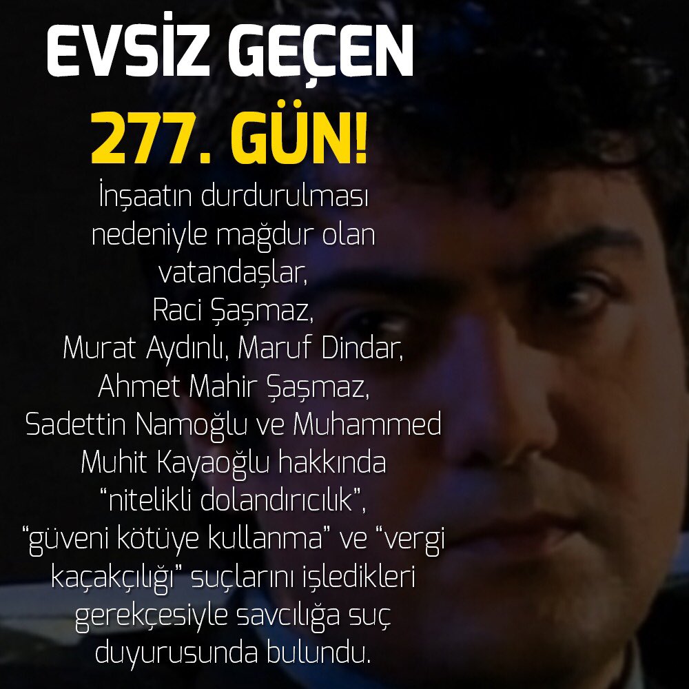 Evsiz geçen kabus gibi 277. gündeyiz! Raci Şaşmaz'ın yaptıkları yanına mı kalacak, ne olur sesimizi duyun adalet yerini bulsun! <a href="/fatihportakal/">fatih portakal</a> <a href="/csbgovtr/">T.C. Çevre, Şehircilik ve İklim Dğş. Bakanlığı</a> <a href="/murat_kurum/">Murat KURUM</a> @RT_Erdogan <a href="/BA_Yildirim/">Binali Yıldırım İletişim Ofisi</a> #panayapi #panaevimiver #racisasmazbenidolandırdı #racisasmaz <a href="/Akparti/">AK Parti</a> <a href="/Akparti/">AK Parti</a> <a href="/csbgovtr/">T.C. Çevre, Şehircilik ve İklim Dğş. Bakanlığı</a>