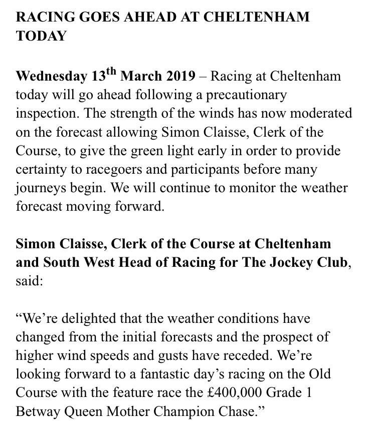 CheltenhamRaces's tweet photo. RACING GOES AHEAD TODAY.

#CheltenhamFestival https://t.co/wfiw2xBa9Z