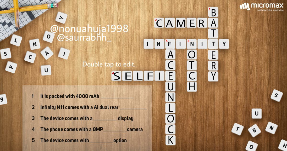 saurabha99922's tweet photo. @Micromax_Mobile #CrosswordWithMicromax
#Team #micromax 
1-Battery
2-Camera 
3-Notch
4- Selfie
5-Face Unlock
I further nominate
@GeetaAhuja15 @trilokutwani 
@dnahuja @SaritaAhuja5 
#TeamMicromax #InfinityNseries #FingersCrossed @Micromax_Mobile https://t.co/k4w9zJ59Gs