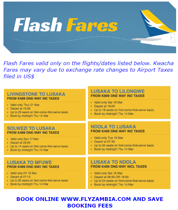 proflightzambia's tweet image. Have you booked your flight yet?
Here are this weeks Flash Fares: Flights on Livingstone-Lusaka, Lusaka-Lilongwe, Solwezi-Lusaka, Ndola-Lusaka, Lusaka-Mfuwe and Lusaka-Ndola.
Book your flights now at flyzambia.com
#SaveandFly
#ProValue
#PlaneSmart