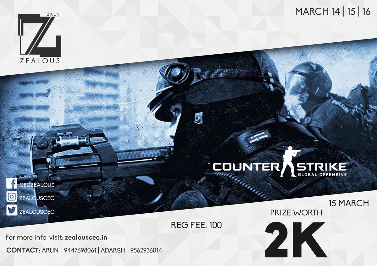 zealouscec's tweet photo. Attention all gamers out there...🤩

#GamersCorner

#COUNTERSTRIKE #CSGO #Gaming #GamingCommunity

Counter Strike: Global Offensive

Prize worth: 2K

#Zealous2K19 #CEC #FechFest #GameFest
#Explore #Excite #Excel https://t.co/G9vgBSYNe7