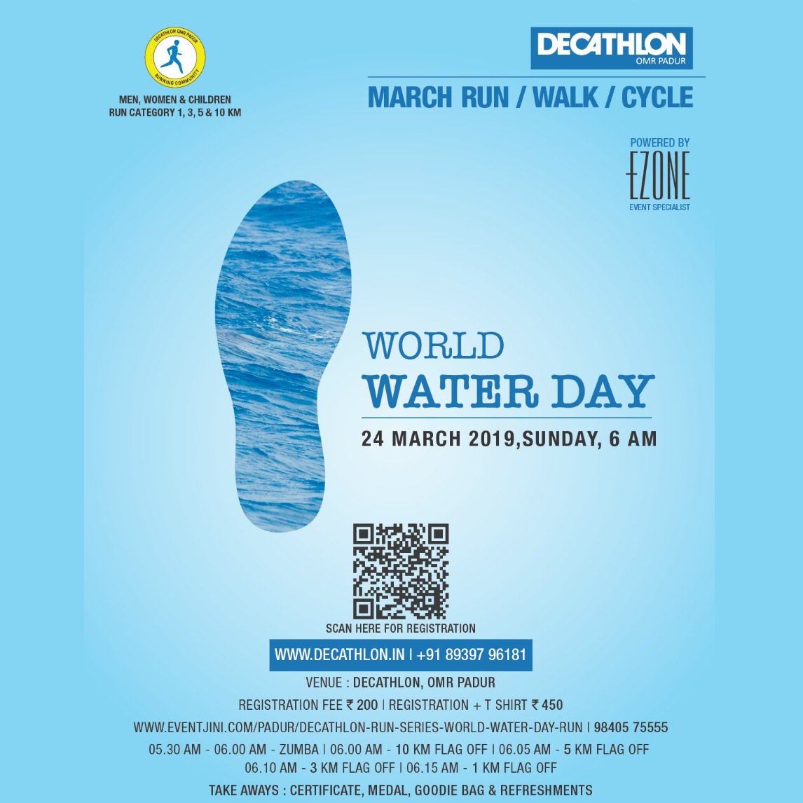 ezone_india's tweet photo. March has come up with the same freshness once again! Lets celebrate it.
Join us #WorldWaterDayRun at DECATHLON OMR Padur on 24 March 2019, Sunday 5:30 AM
Run/Walk/Cycle with your family and friends!!
Register here : https://t.co/ZwTMiTSyKB
#employeeENGAGEMENT #healthyCOMMUNITY https://t.co/pOcZJBQXZi