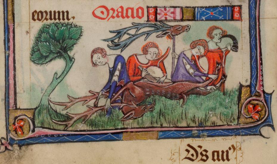 12) Ladies gutting stag, from 14th-C Taymouth Hours (<a href="/britishlibrary/">British Library</a> Yates Thompson 13, f.83v) - one of 30 images of ladies hunting rabbits, duck, boar and stags with dogs, falcons, and arrows that accompany prayers to the Virgin. Prob made for a royal lady. #DaughtersofChivalry