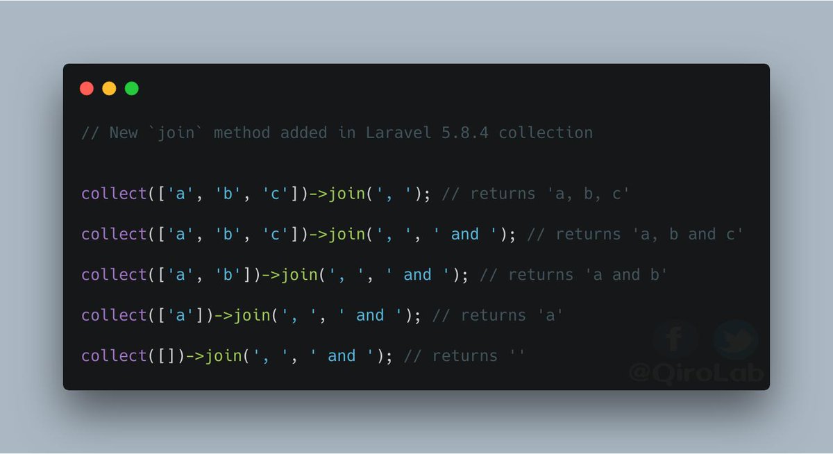 qirolab's tweet image. #Laravel #LaravelUpdates #TipOfTheDay
🔥 New `join` collection method added in Laravel v5.8.4.
