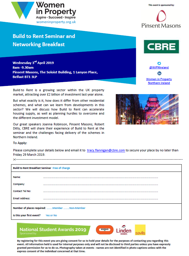 wipnireland's tweet photo. We have a great #BuildToRent breakfast seminar planned in Belfast on 3rd April. Our panelists from @Pinsent_Masons & @CBRE_NI will share their experience of #BTR in #NorthernIreland. All welcome. Visit https://t.co/Q5MB6oiaS8 #WIPNI #WIPUK #networking https://t.co/H1wDHSwvn3