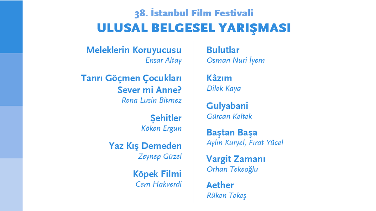 Belgesel sinemayı ve belgeselcileri desteklemeye devam ediyoruz: Ulusal Belgesel Yarışması’nda 11 film yarışıyor. Jüride Melek Ulagay Taylan, Diana Näcke ve Didem Pekün yer alıyor.  🌷 #istfilmfest