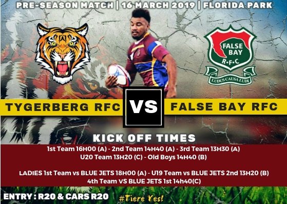 Newsflash - Tygerberg RFC vs False Bay RFC - 16 March 2019
Tygerberg RFC Ladies; 4th Team &amp; U/19 Team vs Blue Jets RFC - 16 March 2019 <a href="/wpclubrugby/">WP Club Rugby</a> <a href="/FalseBayRFC/">FalseBayRFC</a> #WeGoAgain #WeAreTiere #TiereYes